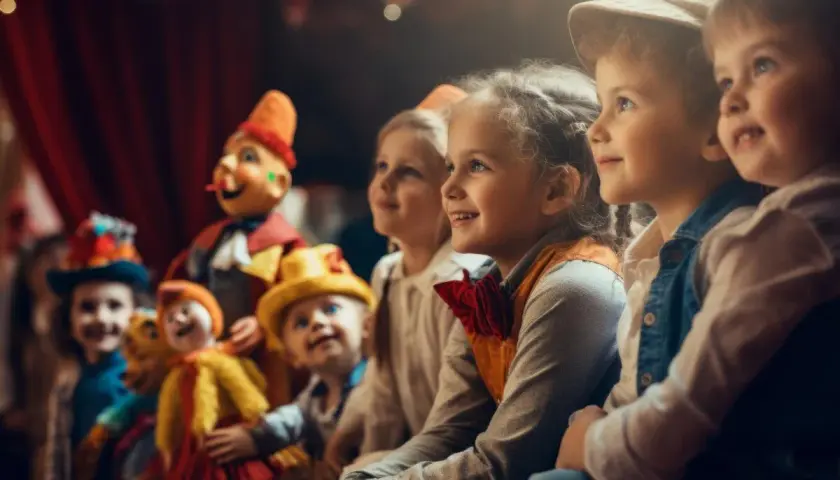 Uśmiechnięte dzieci oglądają przedstawienie. Teatr Gniezno repertuar dla dzieci zachwyca najmłodszych widzów.