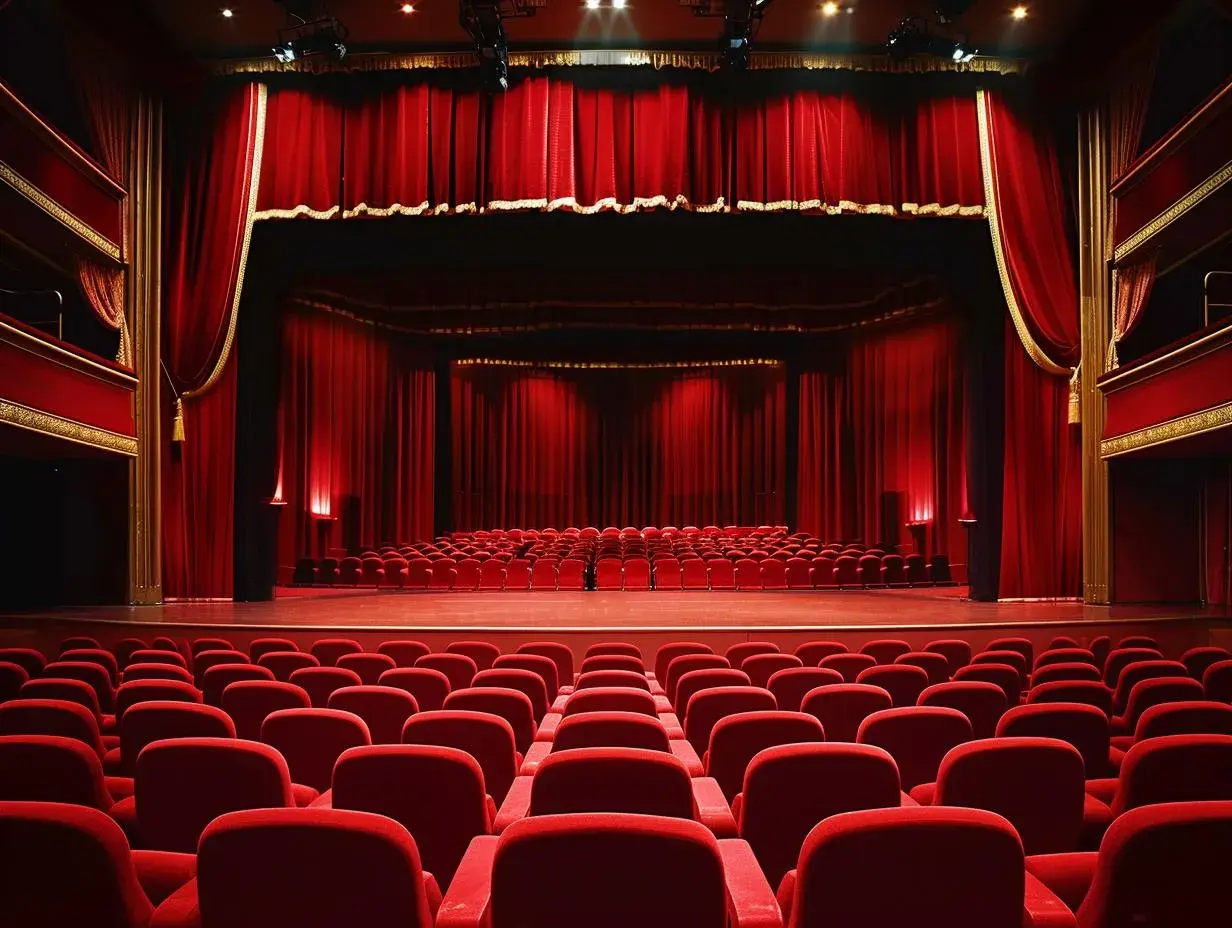 Czerwone aksamitne fotele i zasłony w teatrze rozrywki w Chorzowie czekają na widzów.