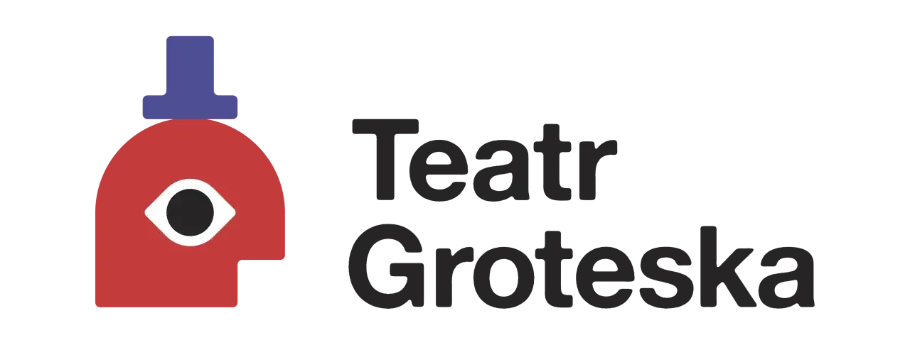 Logo Teatru Groteska: czerwona głowa z okiem i niebieskim kapeluszem, obok napis