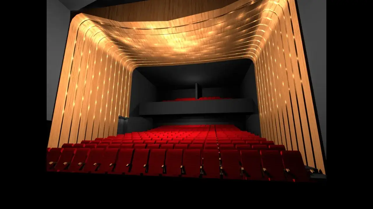 Nowe wnętrze Teatru im. Wandy Siemaszkowej w Rzeszowie. Czerwone fotele i drewniana, podświetlana ściana tworzą nowoczesną przestrzeń.